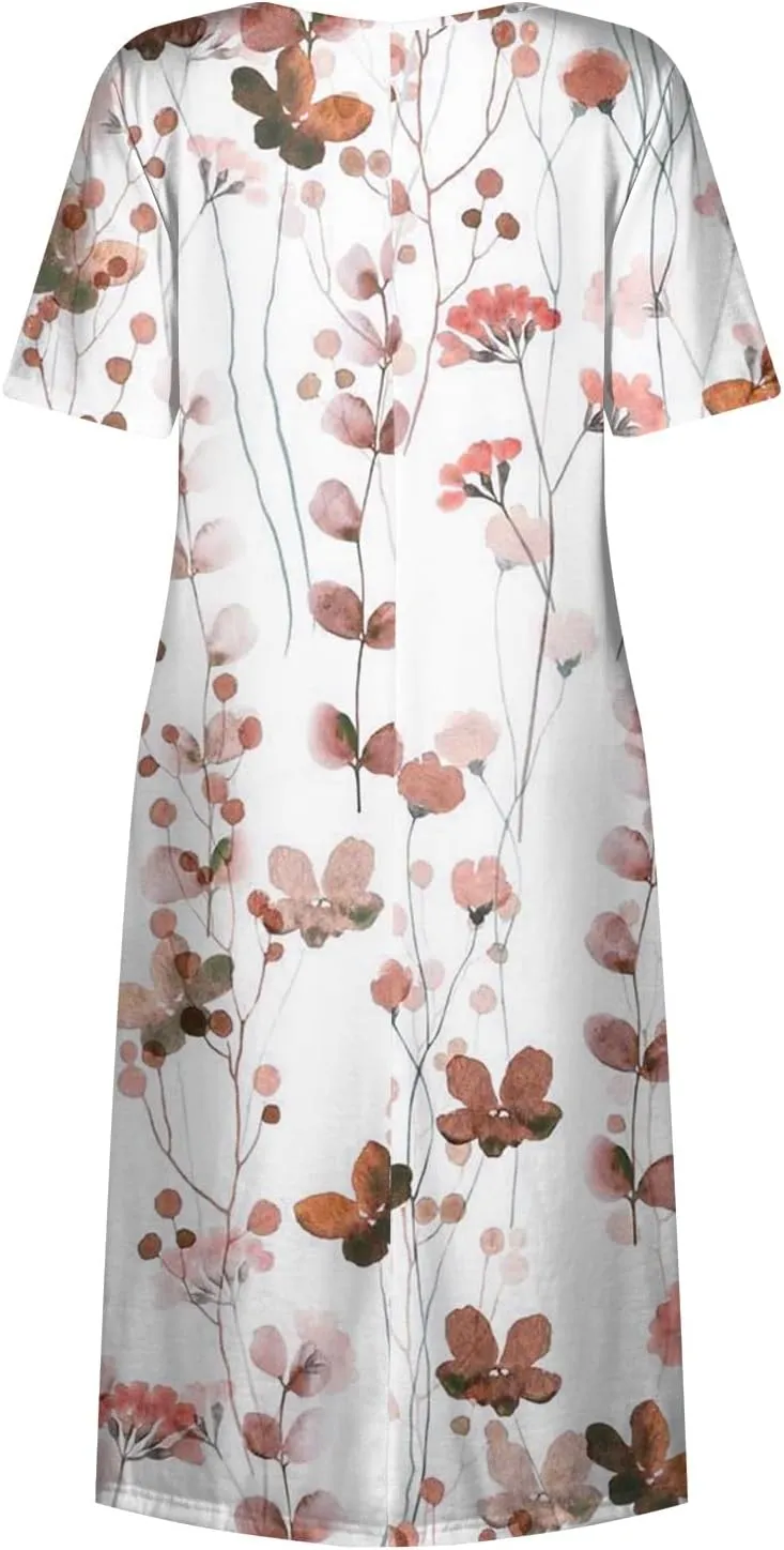 FlekmanArt Dresses for Women 2024 Printed Round Neck Long Dress Pocket Short Sleeve Beach Dress Pleated Elegant Maxi Dress