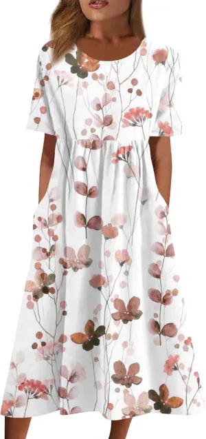 FlekmanArt Dresses for Women 2024 Printed Round Neck Long Dress Pocket Short Sleeve Beach Dress Pleated Elegant Maxi Dress