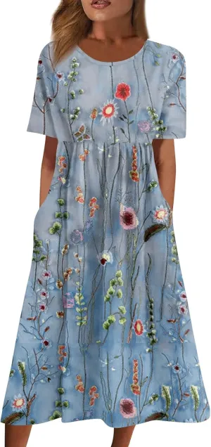 FlekmanArt Dresses for Women 2024 Printed Round Neck Long Dress Pocket Short Sleeve Beach Dress Pleated Elegant Maxi Dress