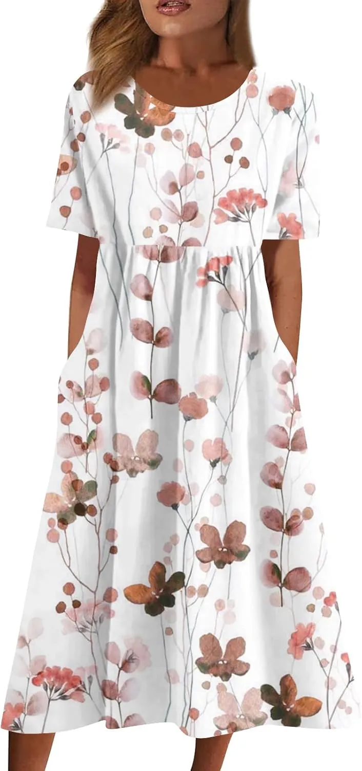 FlekmanArt Dresses for Women 2024 Printed Round Neck Long Dress Pocket Short Sleeve Beach Dress Pleated Elegant Maxi Dress