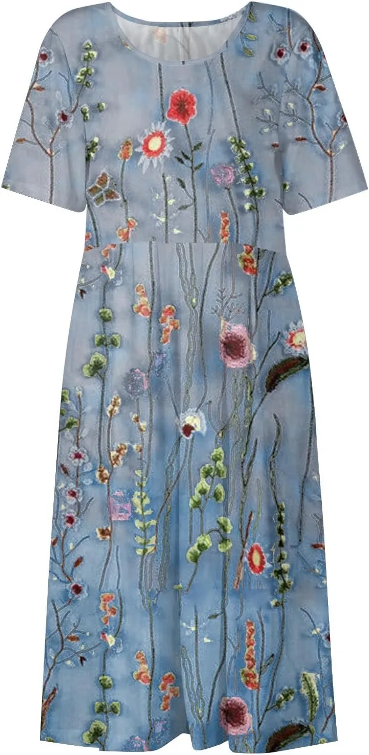 FlekmanArt Dresses for Women 2024 Printed Round Neck Long Dress Pocket Short Sleeve Beach Dress Pleated Elegant Maxi Dress