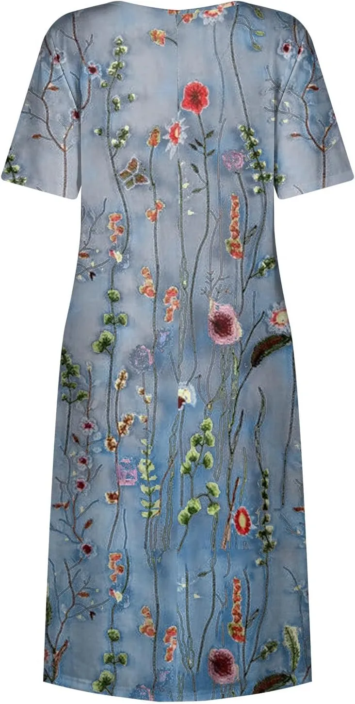 FlekmanArt Dresses for Women 2024 Printed Round Neck Long Dress Pocket Short Sleeve Beach Dress Pleated Elegant Maxi Dress