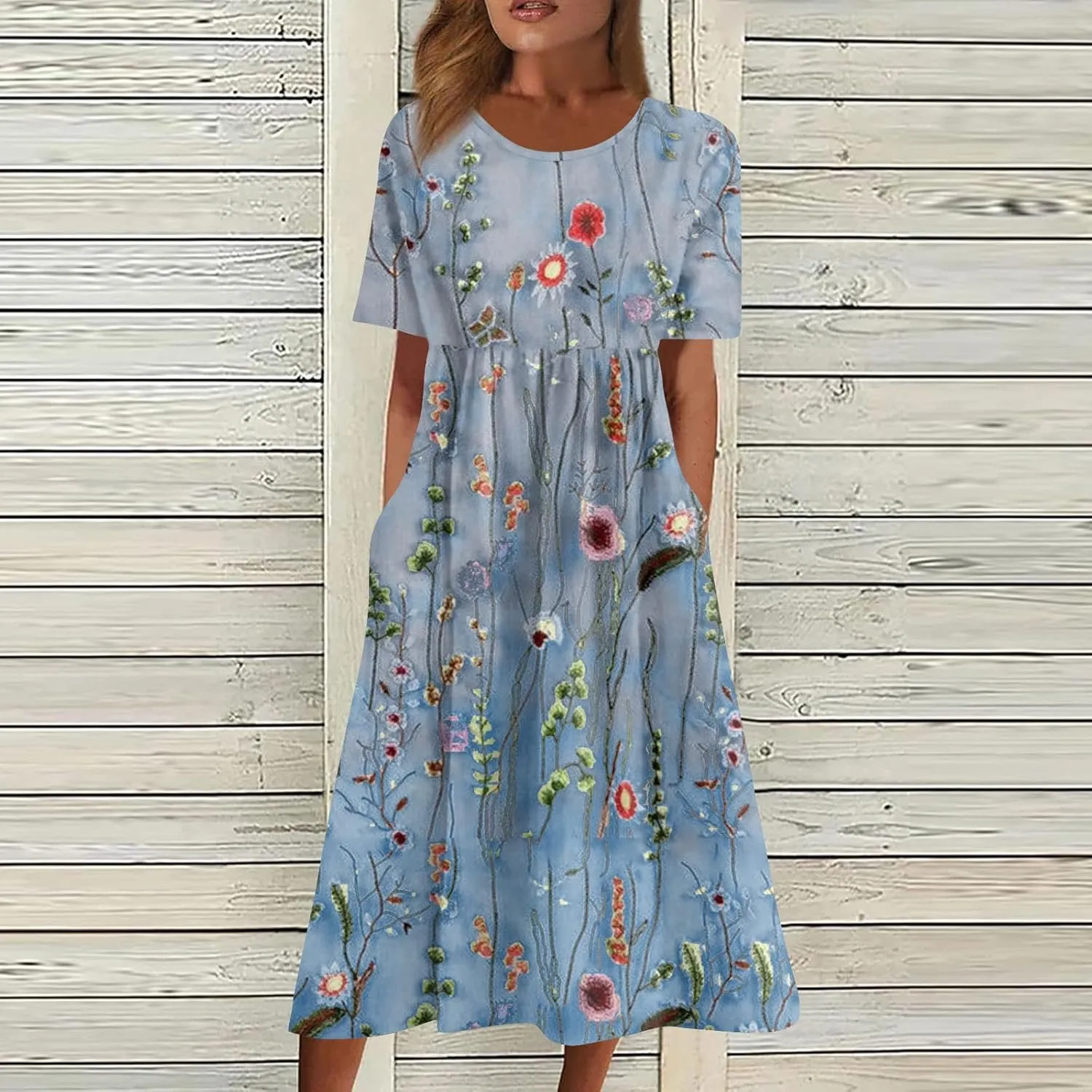 FlekmanArt Dresses for Women 2024 Printed Round Neck Long Dress Pocket Short Sleeve Beach Dress Pleated Elegant Maxi Dress