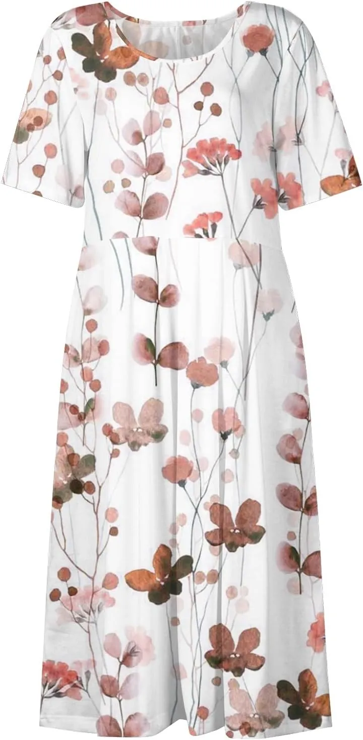 FlekmanArt Dresses for Women 2024 Printed Round Neck Long Dress Pocket Short Sleeve Beach Dress Pleated Elegant Maxi Dress