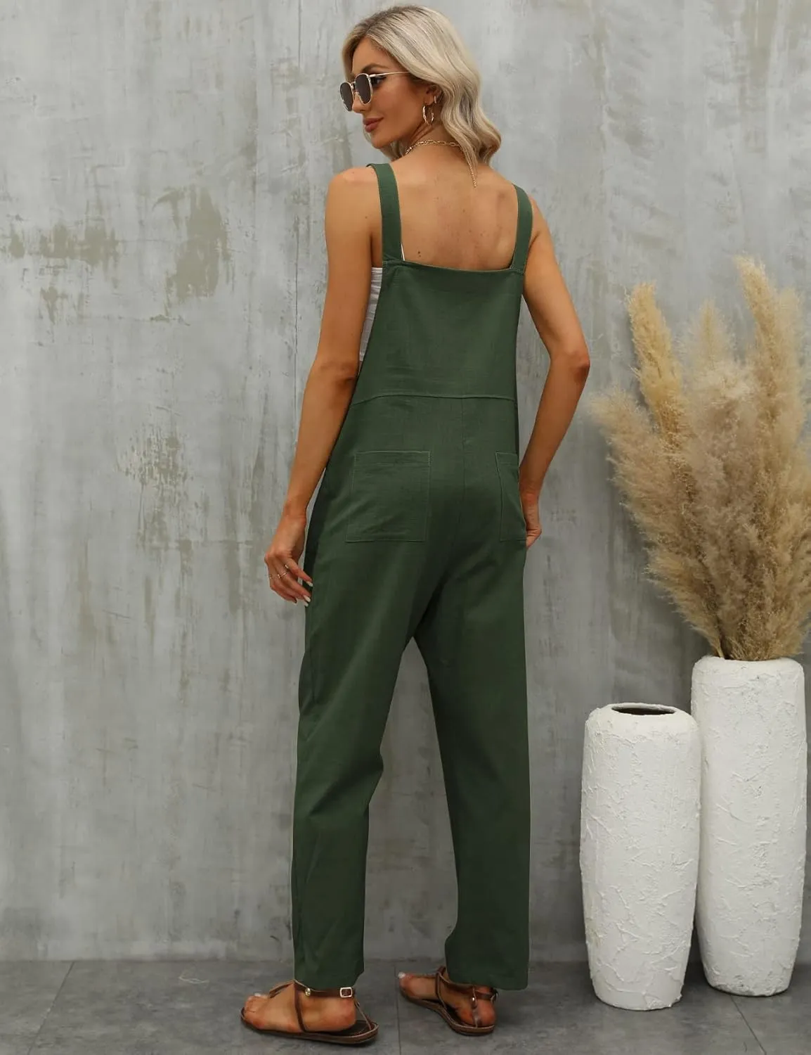 Gihuo Women's Linen Overalls Loose Fit Baggy Bib Wide Leg Jumpsuits Casual Summer Outfits Trendy 2025