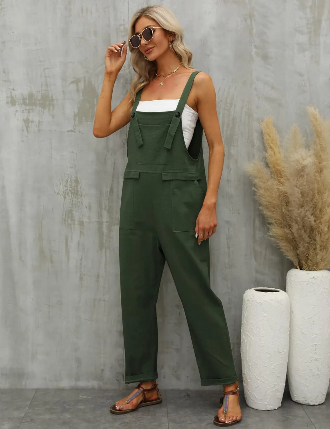Gihuo Women's Linen Overalls Loose Fit Baggy Bib Wide Leg Jumpsuits Casual Summer Outfits Trendy 2025