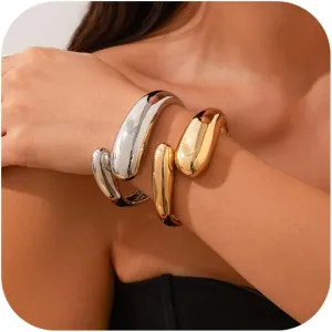 Gold Bangle Bracelets for Women Chunky Cuff Bracelet 18K Gold Plated Open Teardrop Bangle Set Wide Wire Irregular Minimalist Silver Jewelry