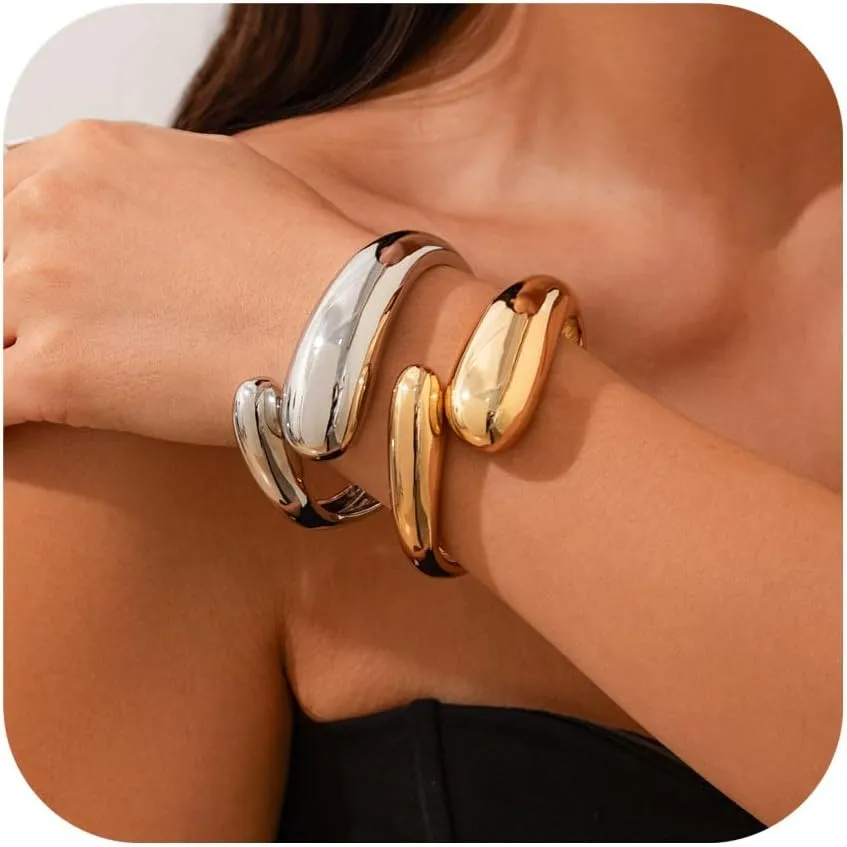 Gold Bangle Bracelets for Women Chunky Cuff Bracelet 18K Gold Plated Open Teardrop Bangle Set Wide Wire Irregular Minimalist Silver Jewelry