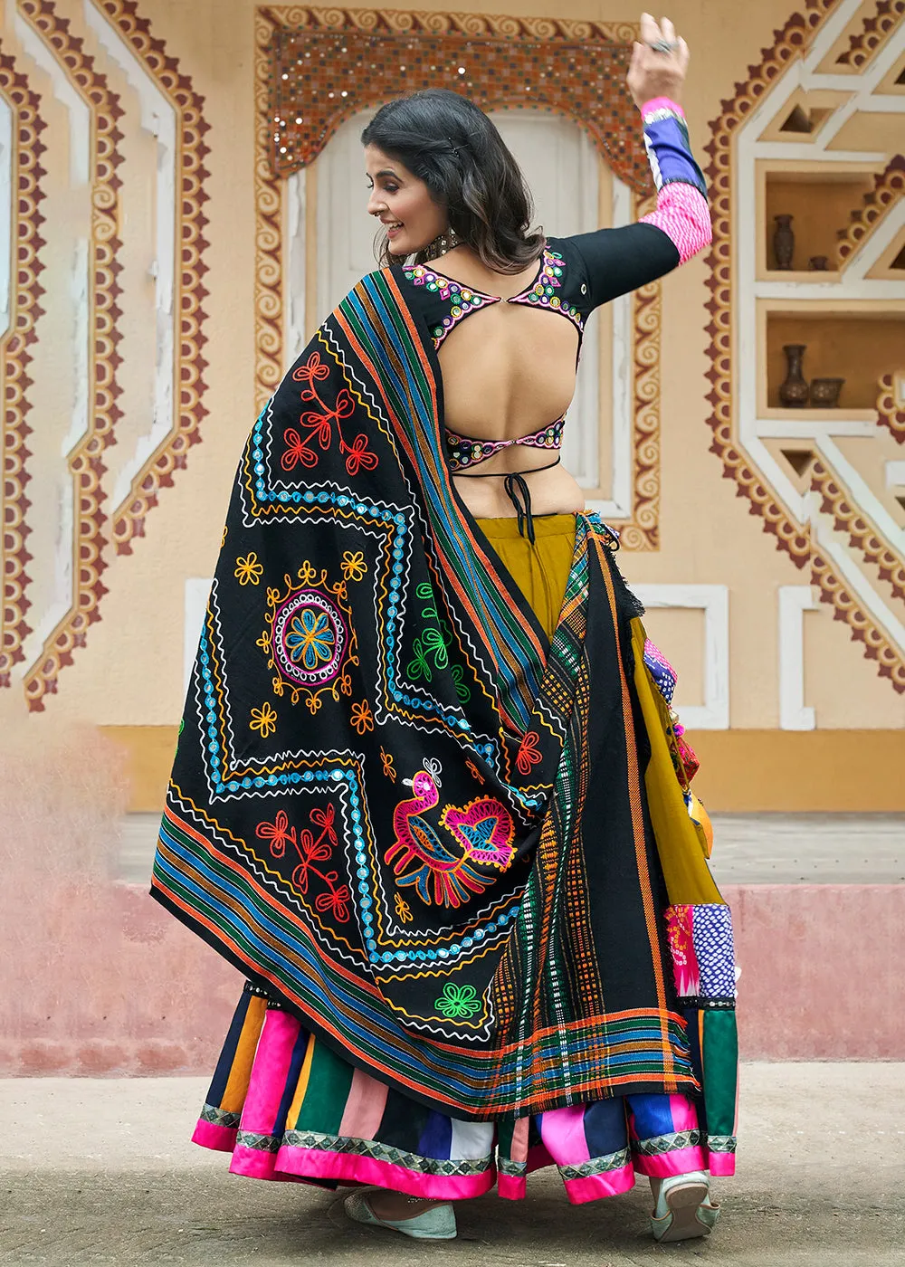 Green Embroidered with Mirror Work Chaniya Choli for Navratri
