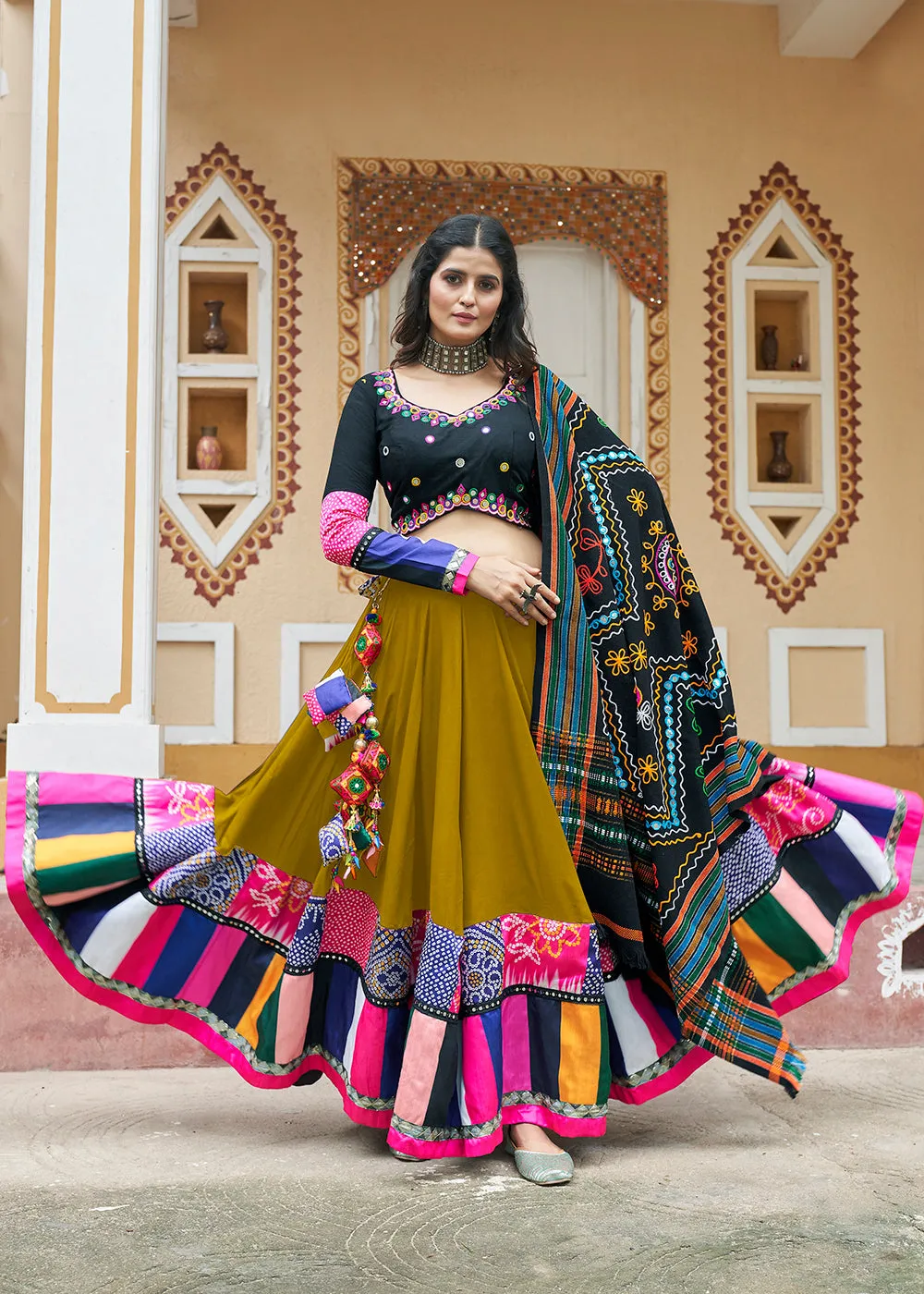 Green Embroidered with Mirror Work Chaniya Choli for Navratri