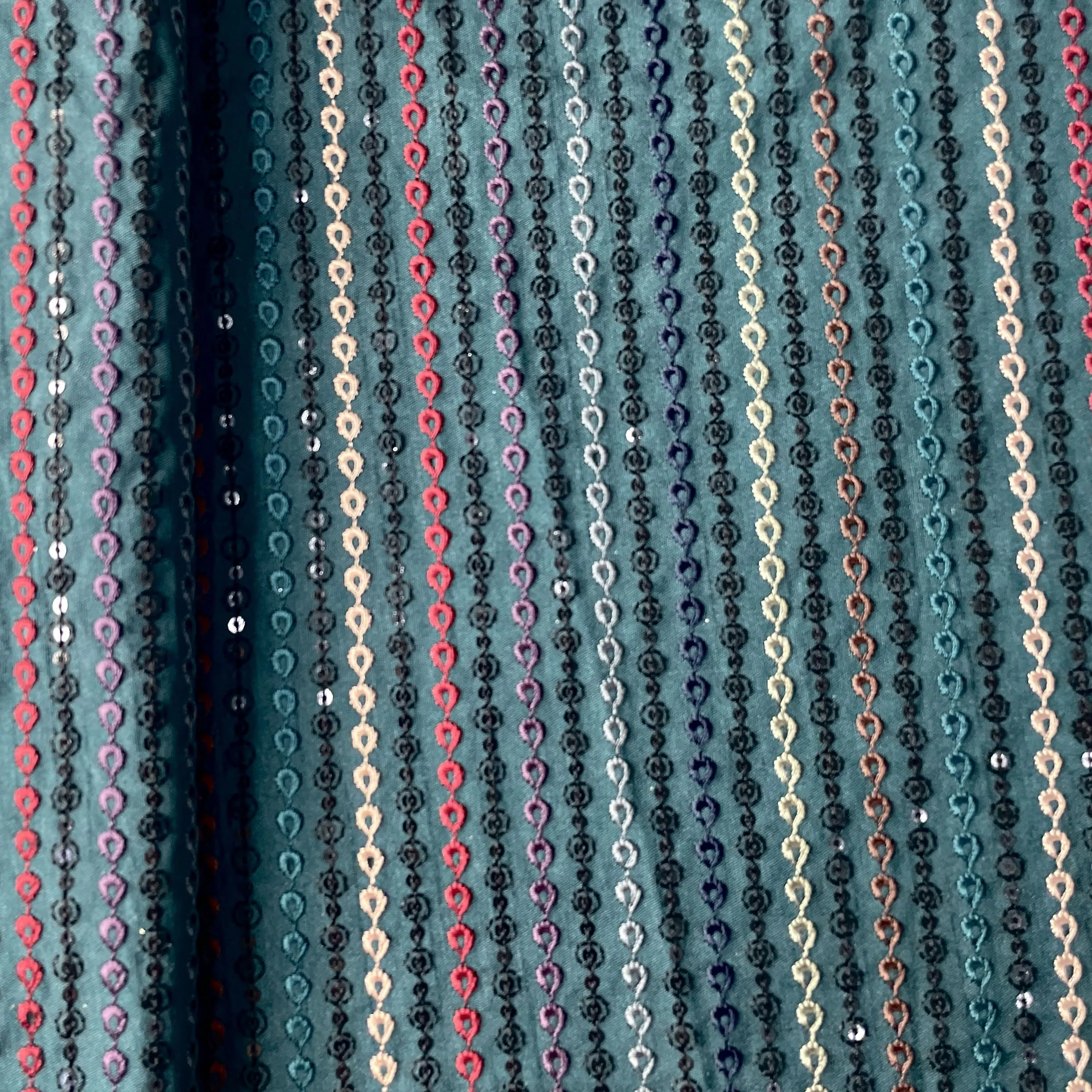 Green Sequins Thread Embroidery Russian Silk Fabric 19683