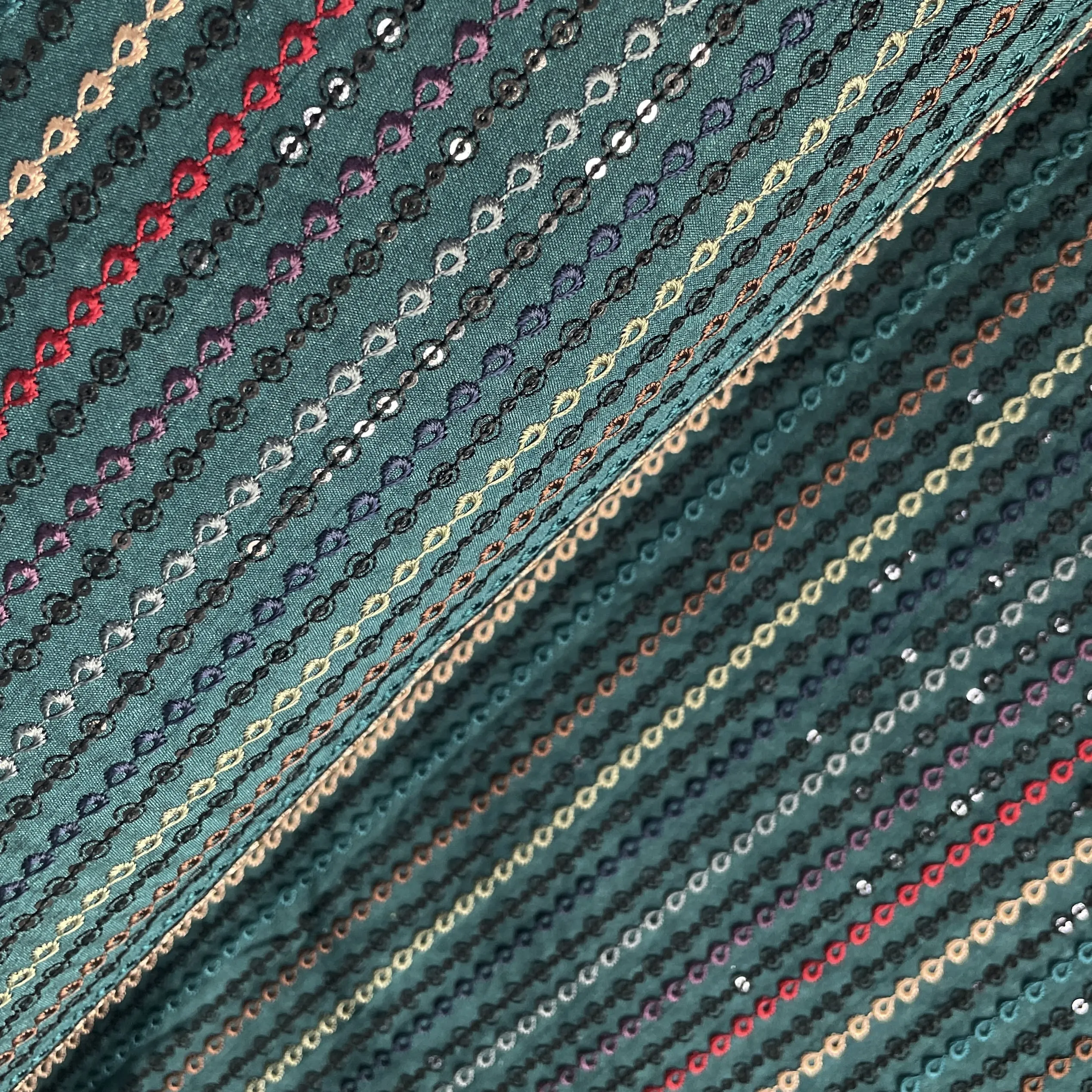 Green Sequins Thread Embroidery Russian Silk Fabric 19683