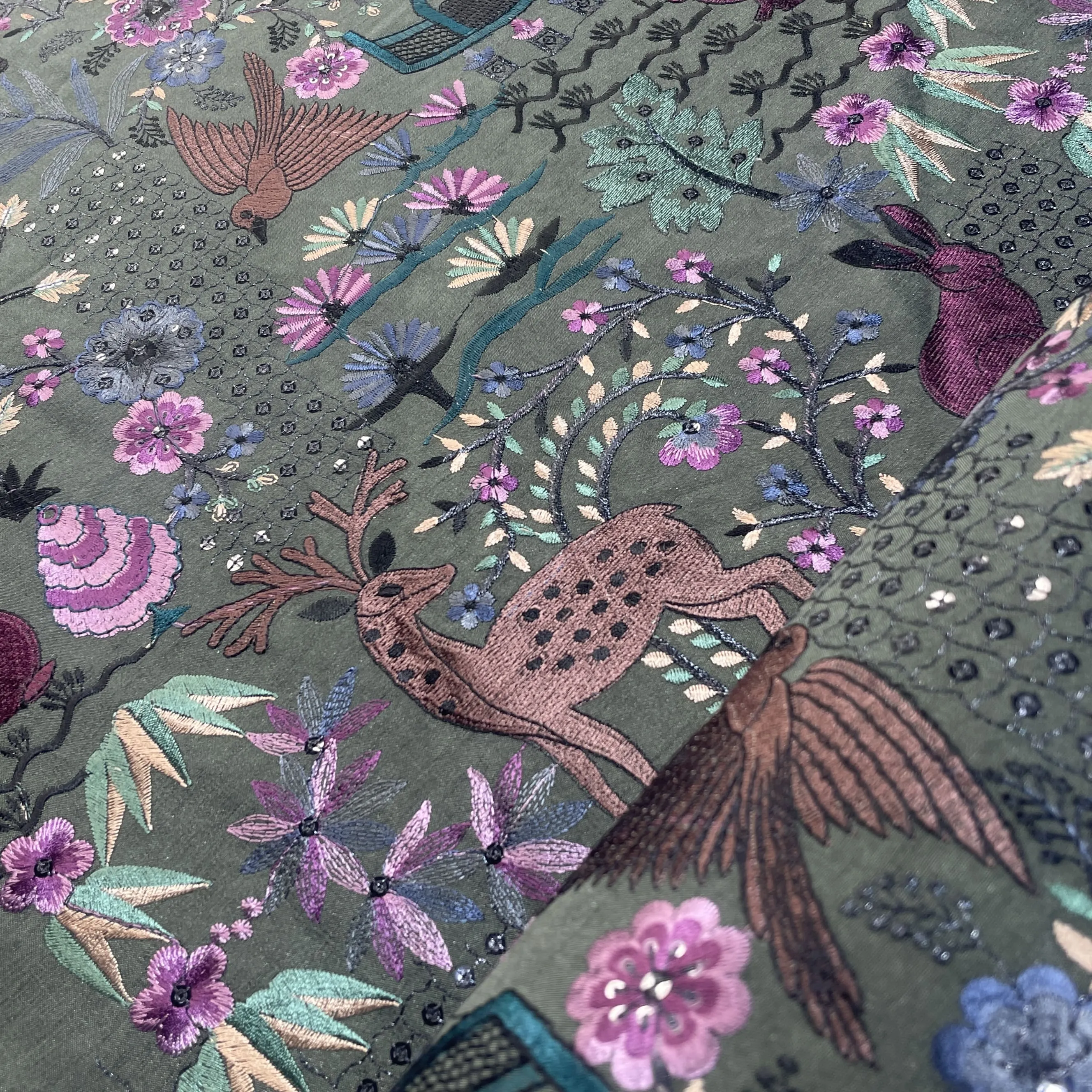 Green Thread Embroidery Russian Silk Fabric 18454