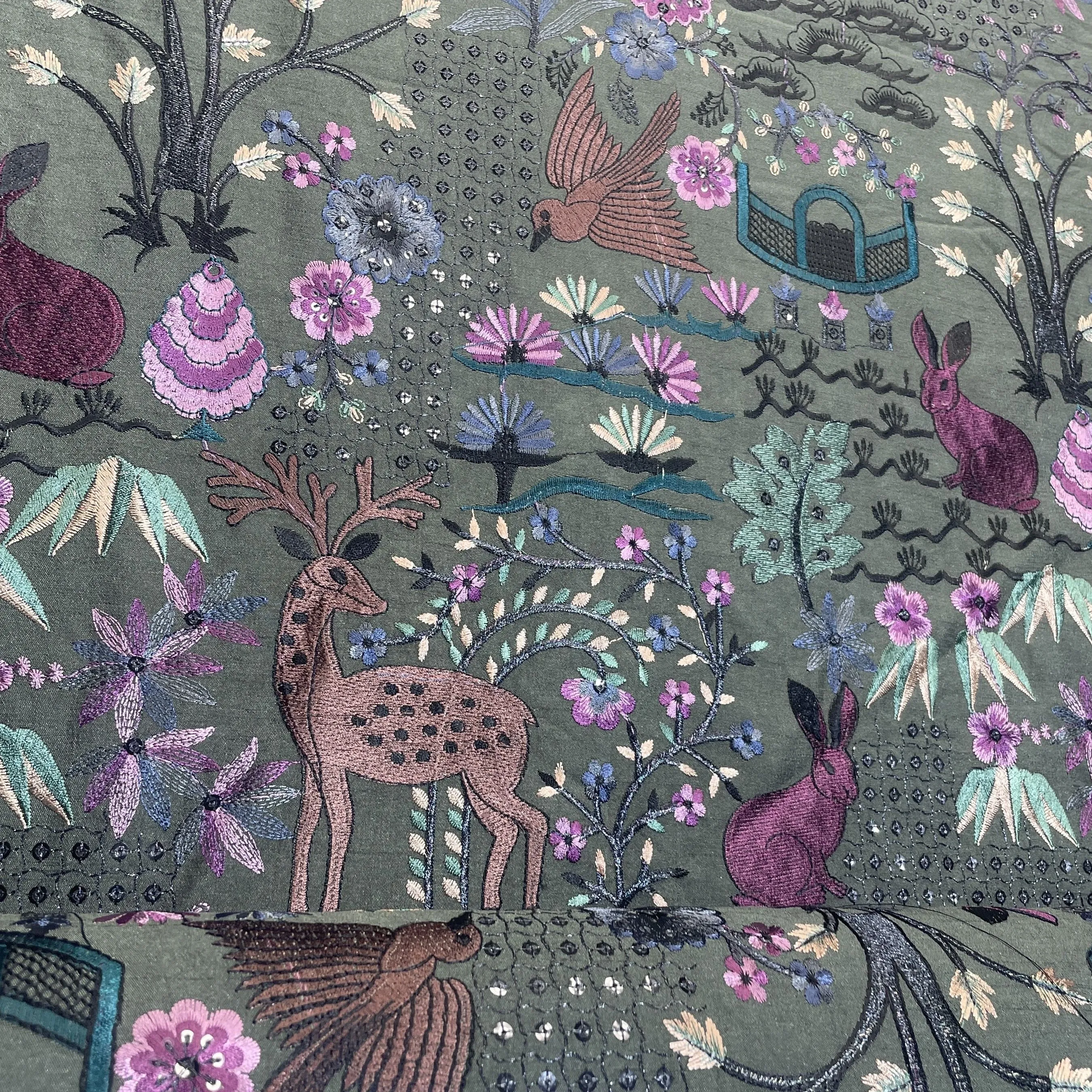 Green Thread Embroidery Russian Silk Fabric 18454
