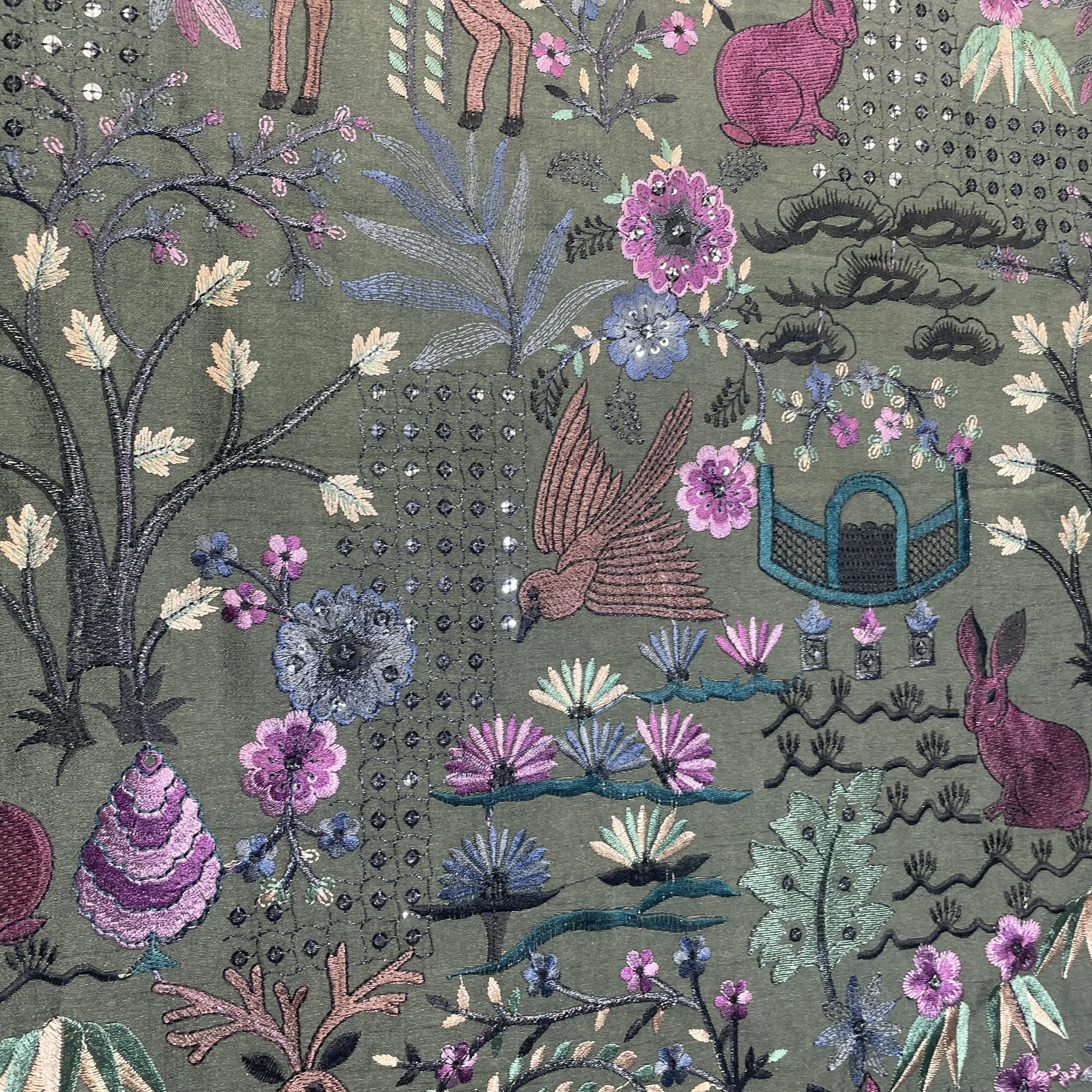 Green Thread Embroidery Russian Silk Fabric 18454