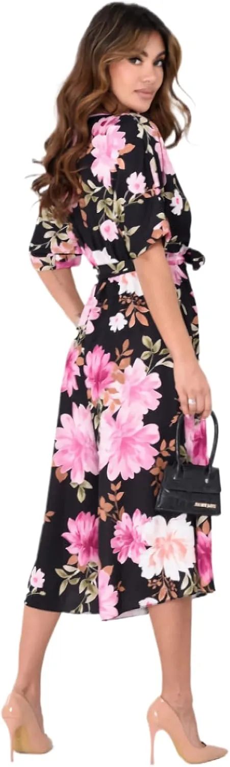 Jumpsuits for Women Floral Printed V Neck Short Sleeve Belted Wide Leg Pants Dressy One Piece Casual Romper