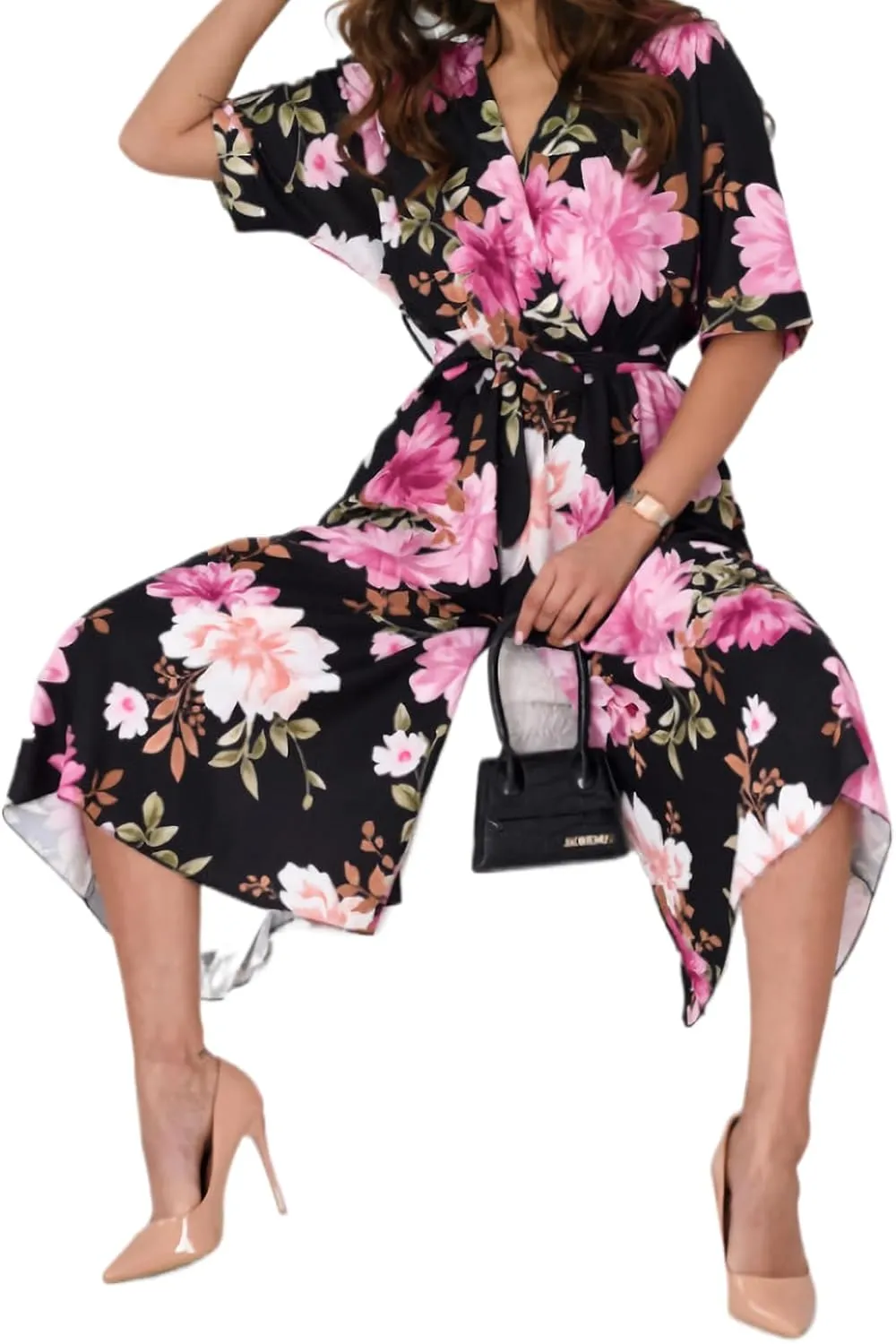 Jumpsuits for Women Floral Printed V Neck Short Sleeve Belted Wide Leg Pants Dressy One Piece Casual Romper