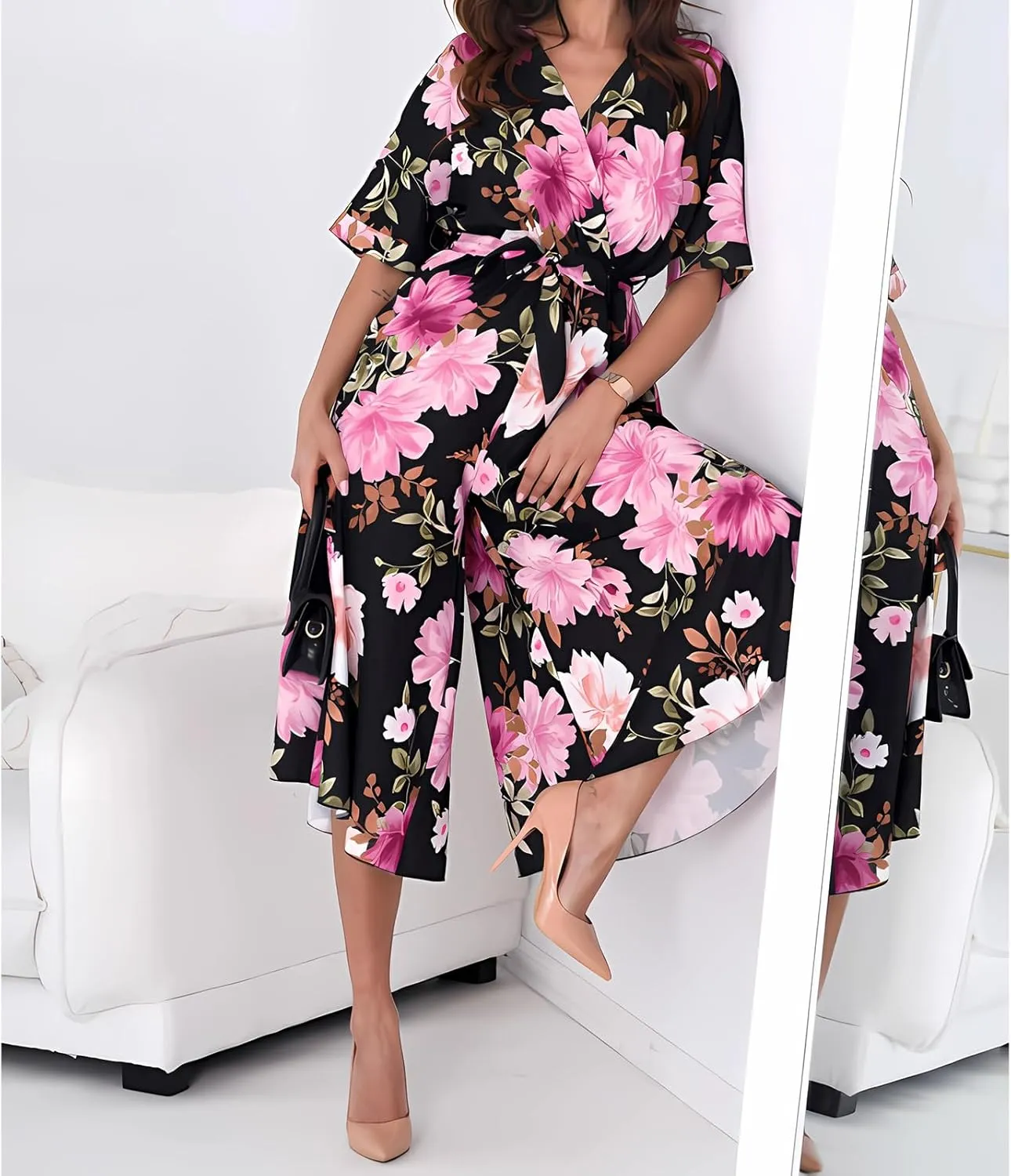 Jumpsuits for Women Floral Printed V Neck Short Sleeve Belted Wide Leg Pants Dressy One Piece Casual Romper