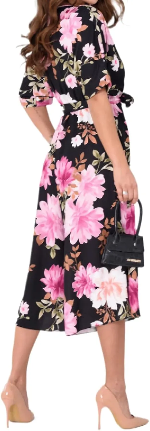 Jumpsuits for Women Floral Printed V Neck Short Sleeve Belted Wide Leg Pants Dressy One Piece Casual Romper