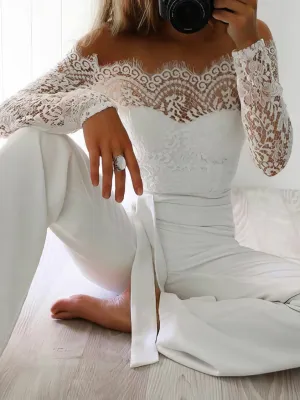 Jumpsuits One Word Collar Lace Panel Long Sleeve Jumpsuit for Women