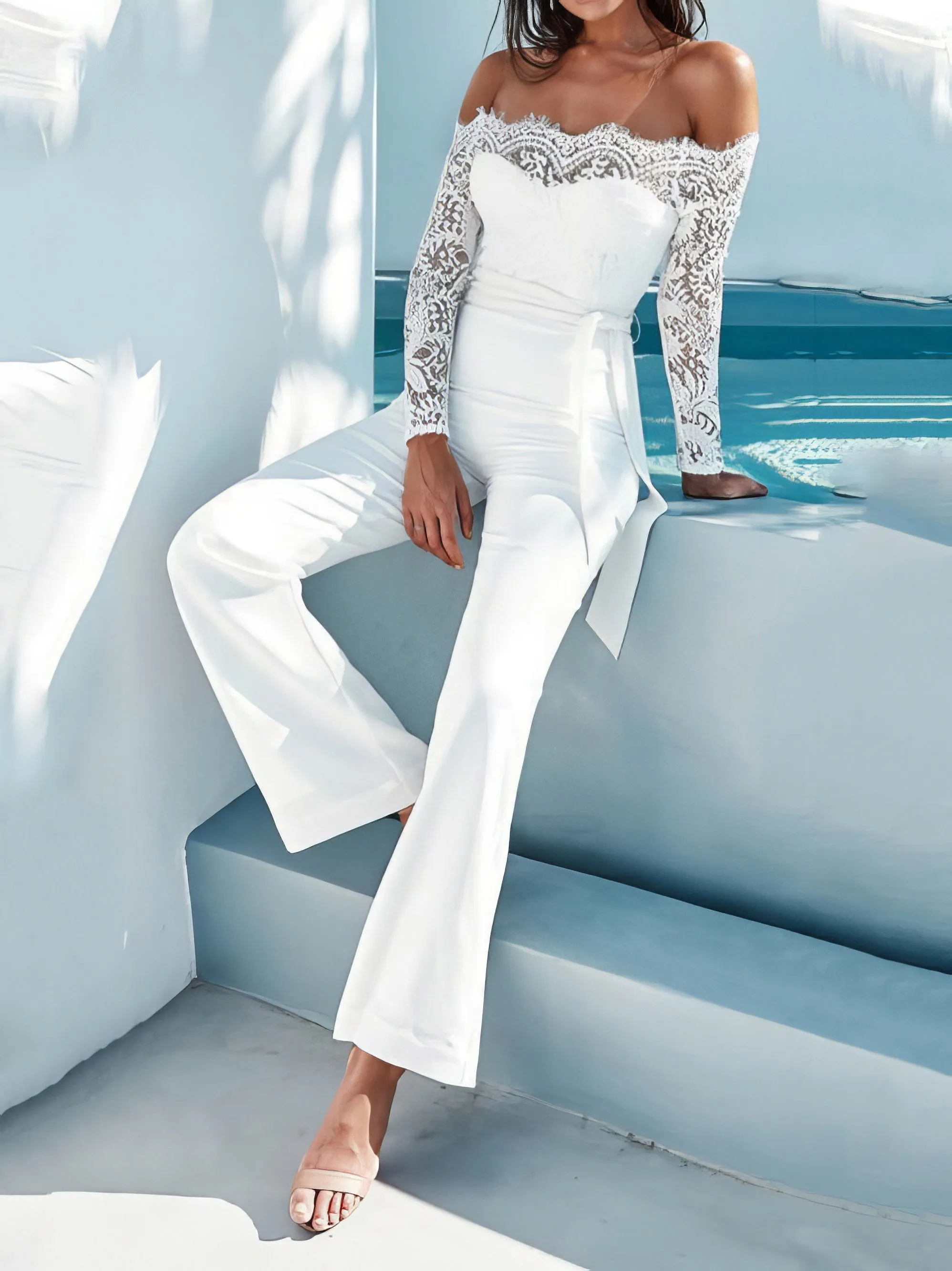 Jumpsuits One Word Collar Lace Panel Long Sleeve Jumpsuit for Women