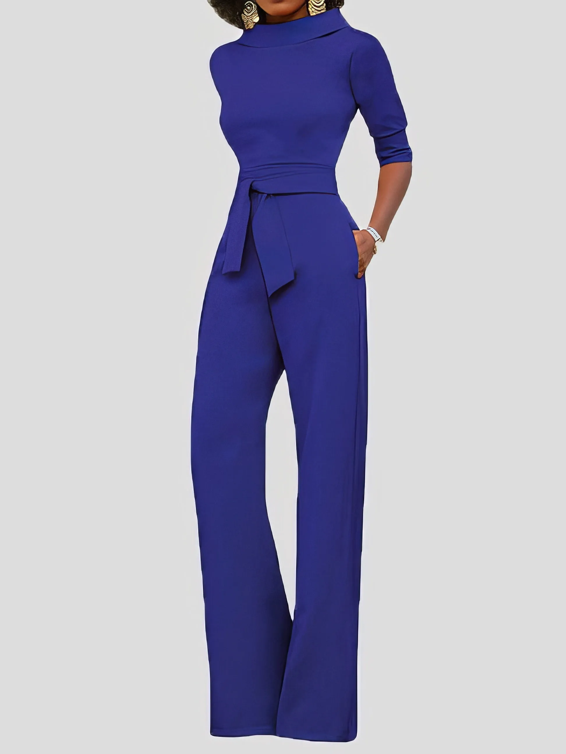 Jumpsuits Solid Five-Point Sleeve Belted Wide-Leg Jumpsuit for Women