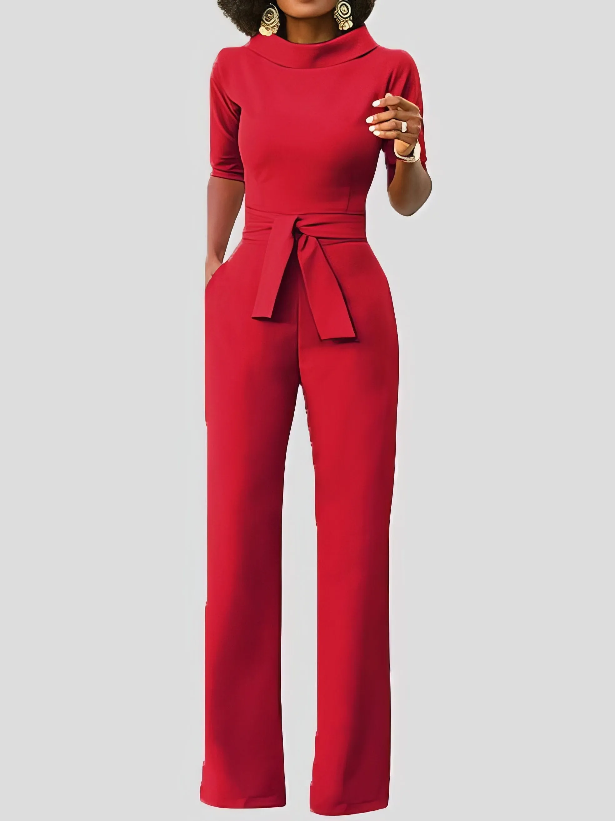 Jumpsuits Solid Five-Point Sleeve Belted Wide-Leg Jumpsuit for Women