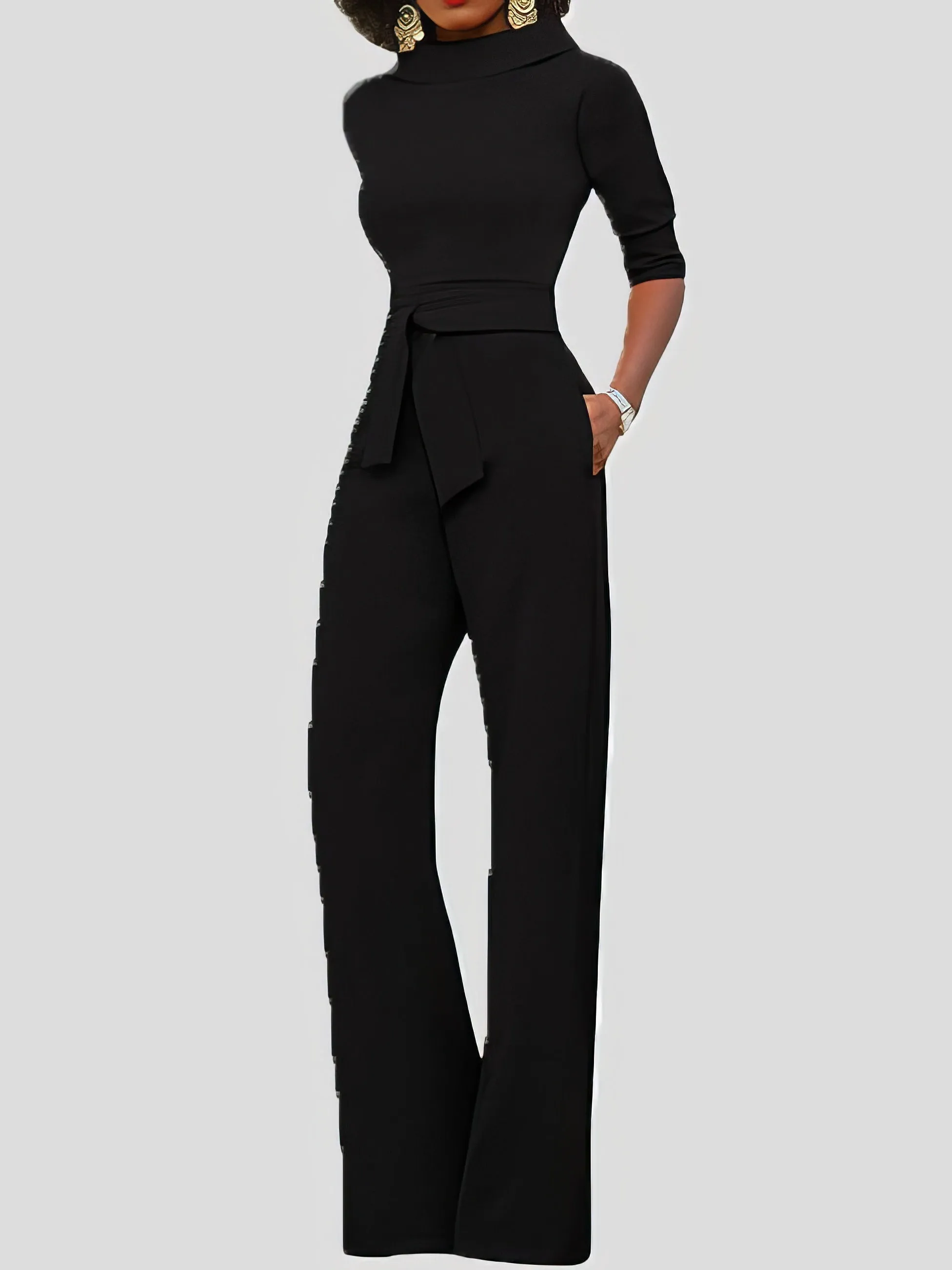 Jumpsuits Solid Five-Point Sleeve Belted Wide-Leg Jumpsuit for Women