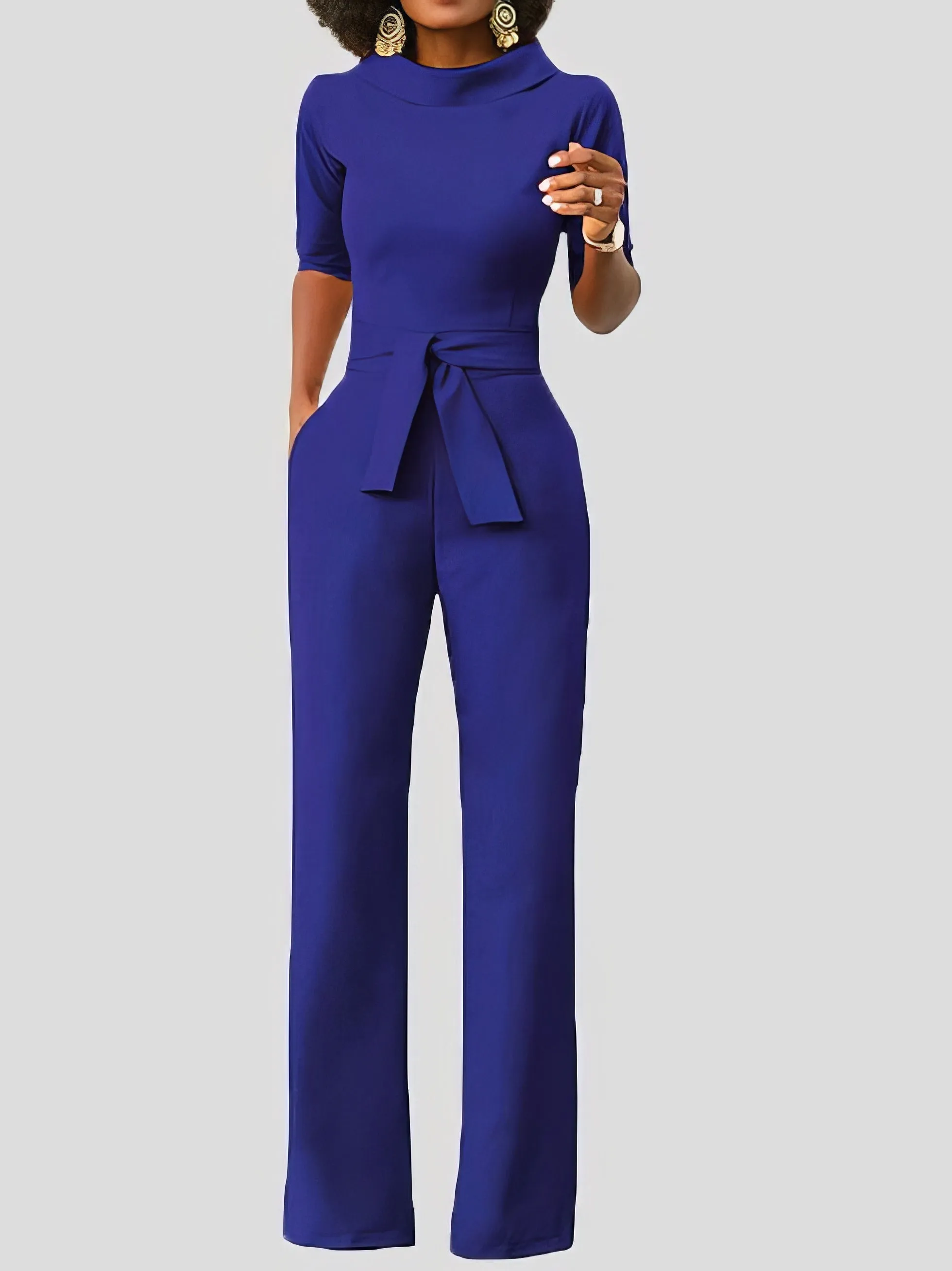 Jumpsuits Solid Five-Point Sleeve Belted Wide-Leg Jumpsuit for Women