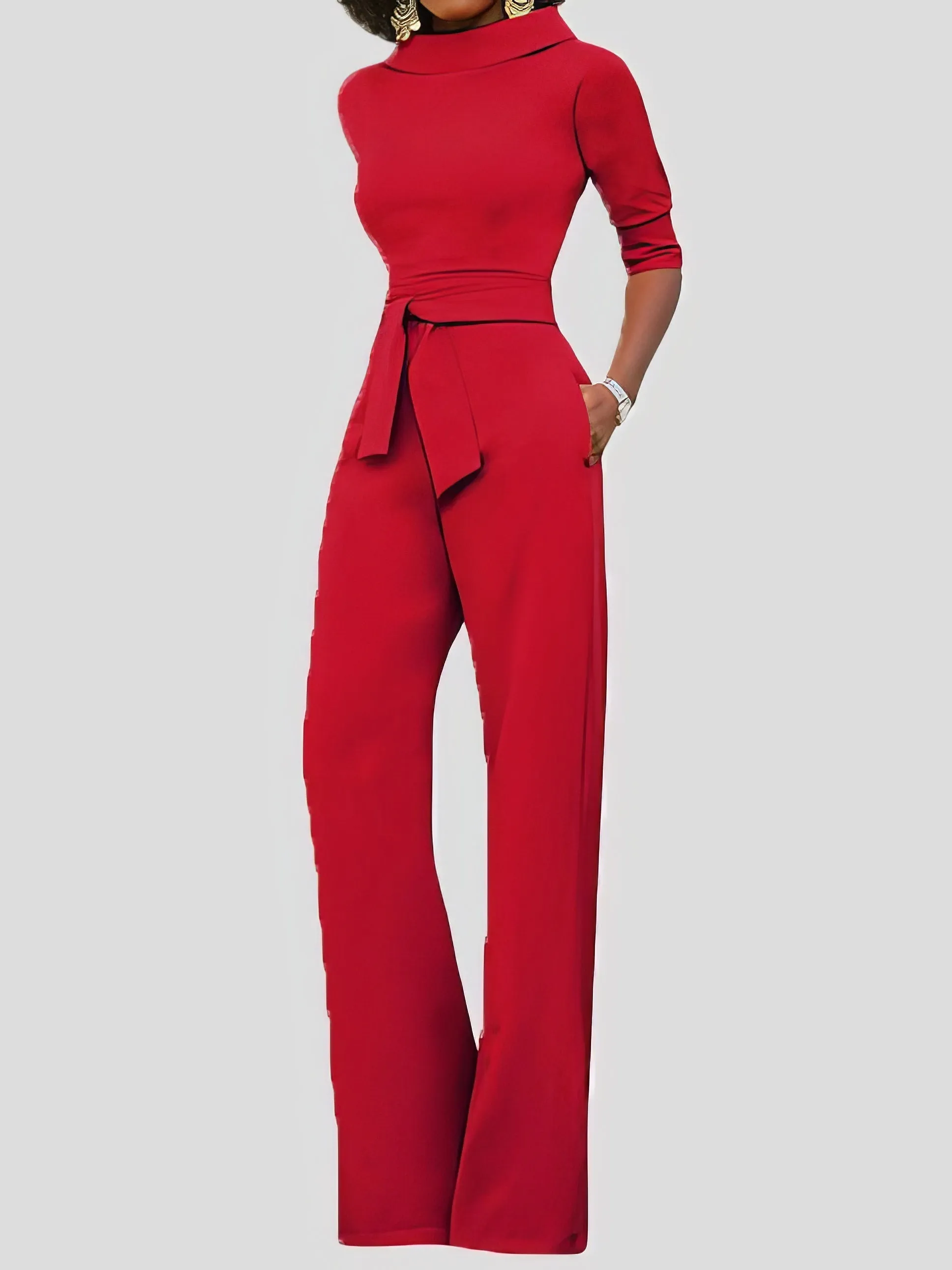 Jumpsuits Solid Five-Point Sleeve Belted Wide-Leg Jumpsuit for Women