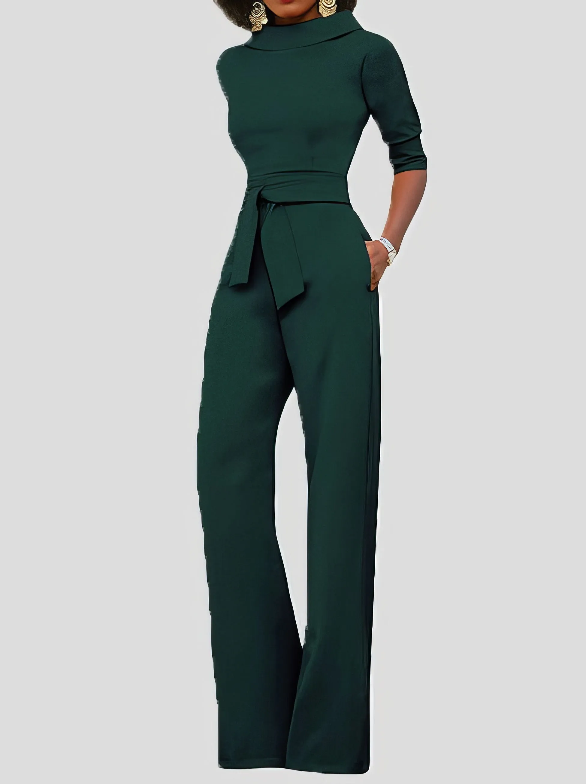 Jumpsuits Solid Five-Point Sleeve Belted Wide-Leg Jumpsuit for Women