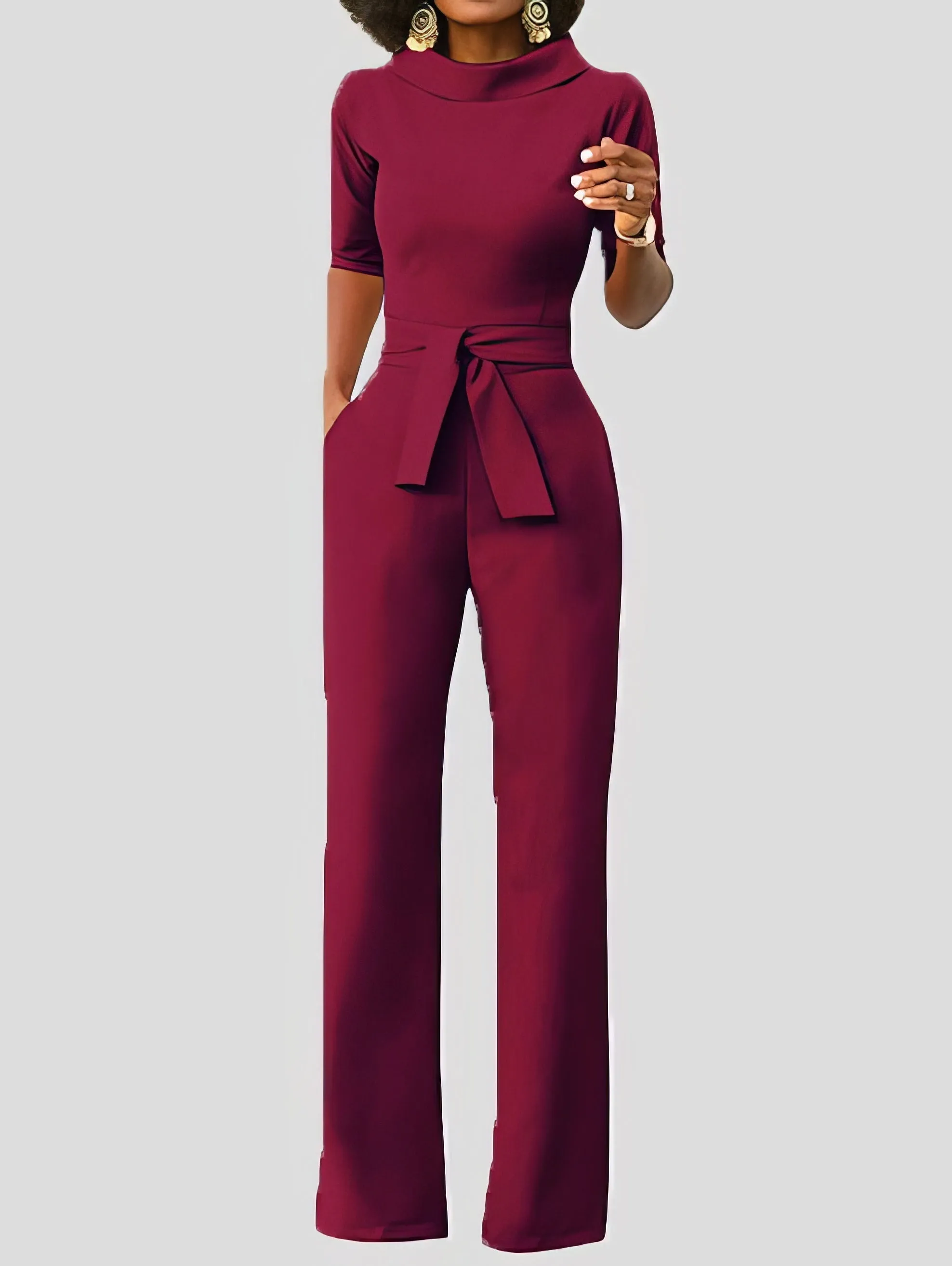 Jumpsuits Solid Five-Point Sleeve Belted Wide-Leg Jumpsuit for Women