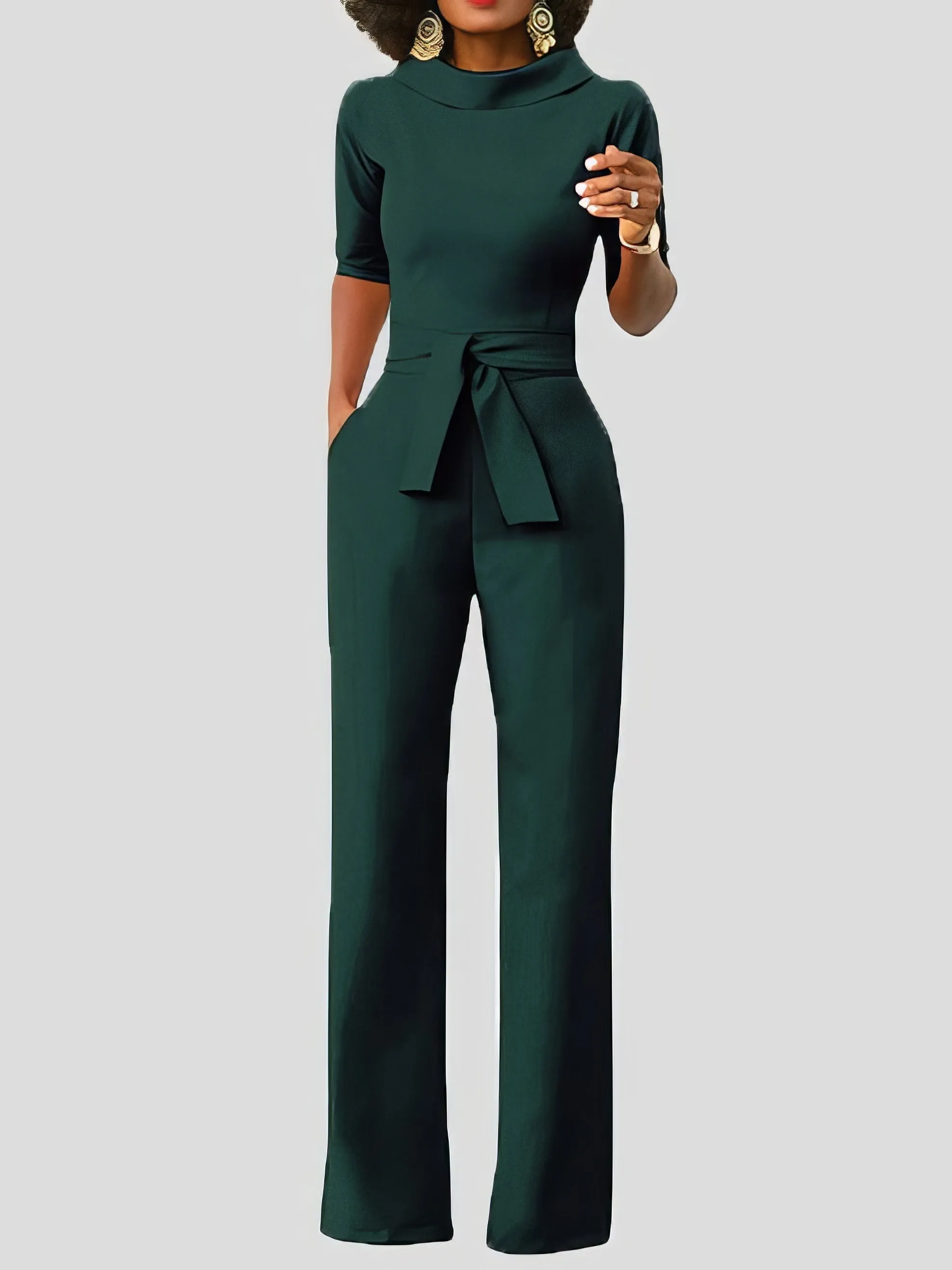 Jumpsuits Solid Five-Point Sleeve Belted Wide-Leg Jumpsuit for Women