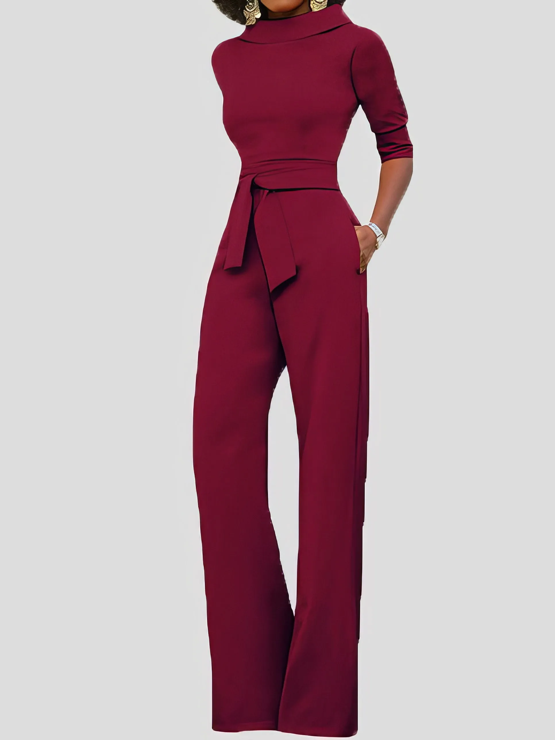Jumpsuits Solid Five-Point Sleeve Belted Wide-Leg Jumpsuit for Women