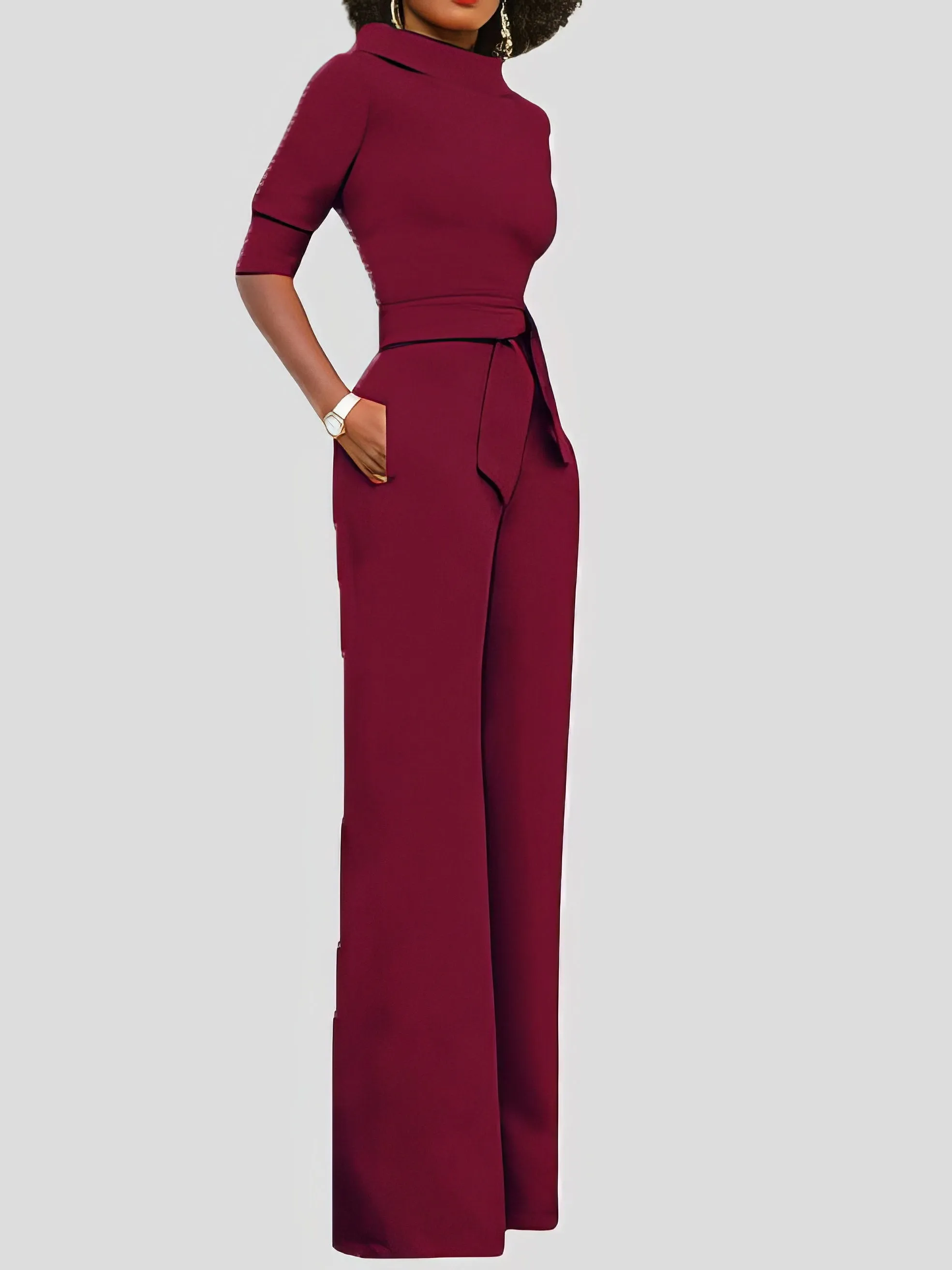 Jumpsuits Solid Five-Point Sleeve Belted Wide-Leg Jumpsuit for Women