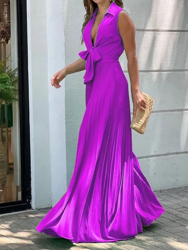 Jumpsuits Solid Lapel Tie Wide-Leg Jumpsuit for Women