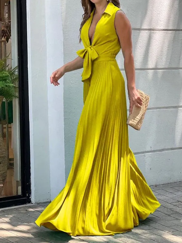Jumpsuits Solid Lapel Tie Wide-Leg Jumpsuit for Women