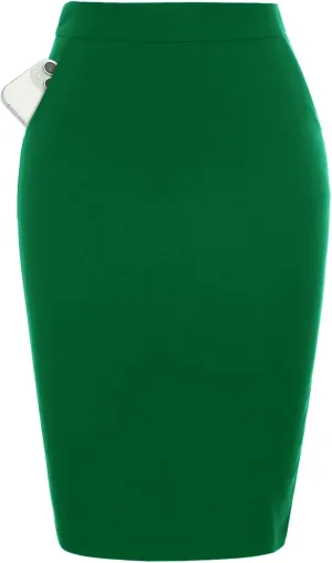 Kate Kasin Womens Knee Length Elastic Waist Basic Stretchy Bodycon Business Pencil Skirt