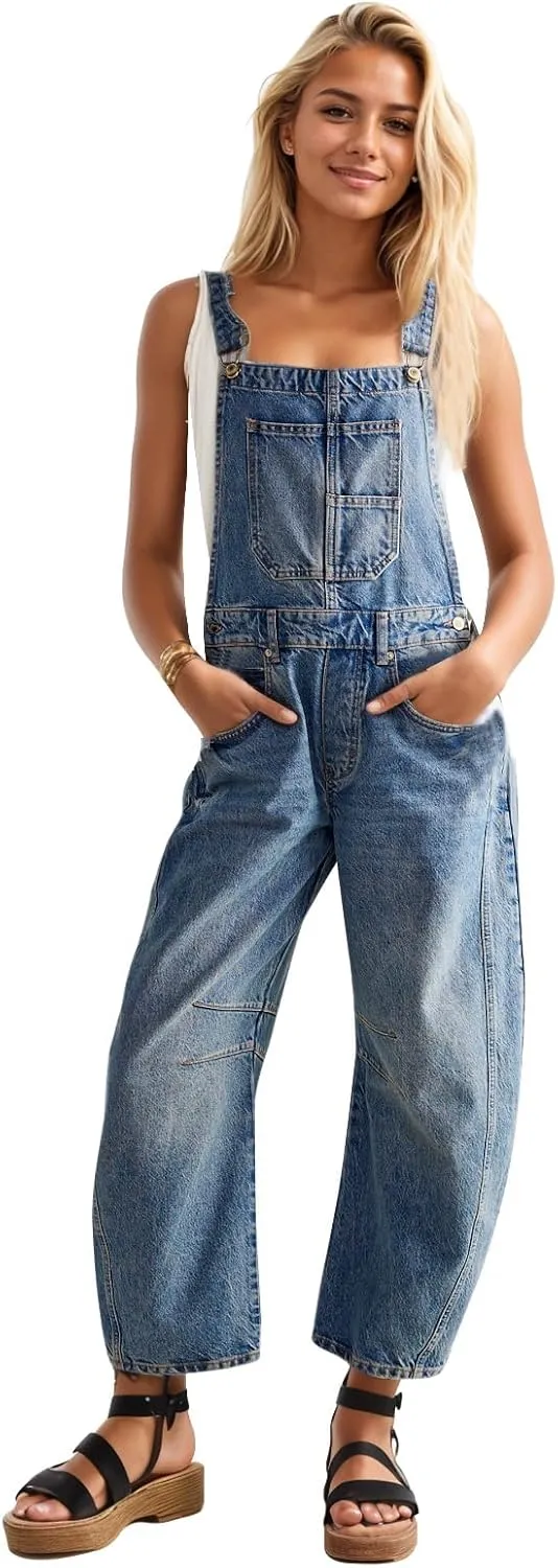 Kedera Women's Denim Overall Casual Straight Wide Leg Bib Jeans Overall Adjustable Straps Denim Romper Stretch Jumpsuits