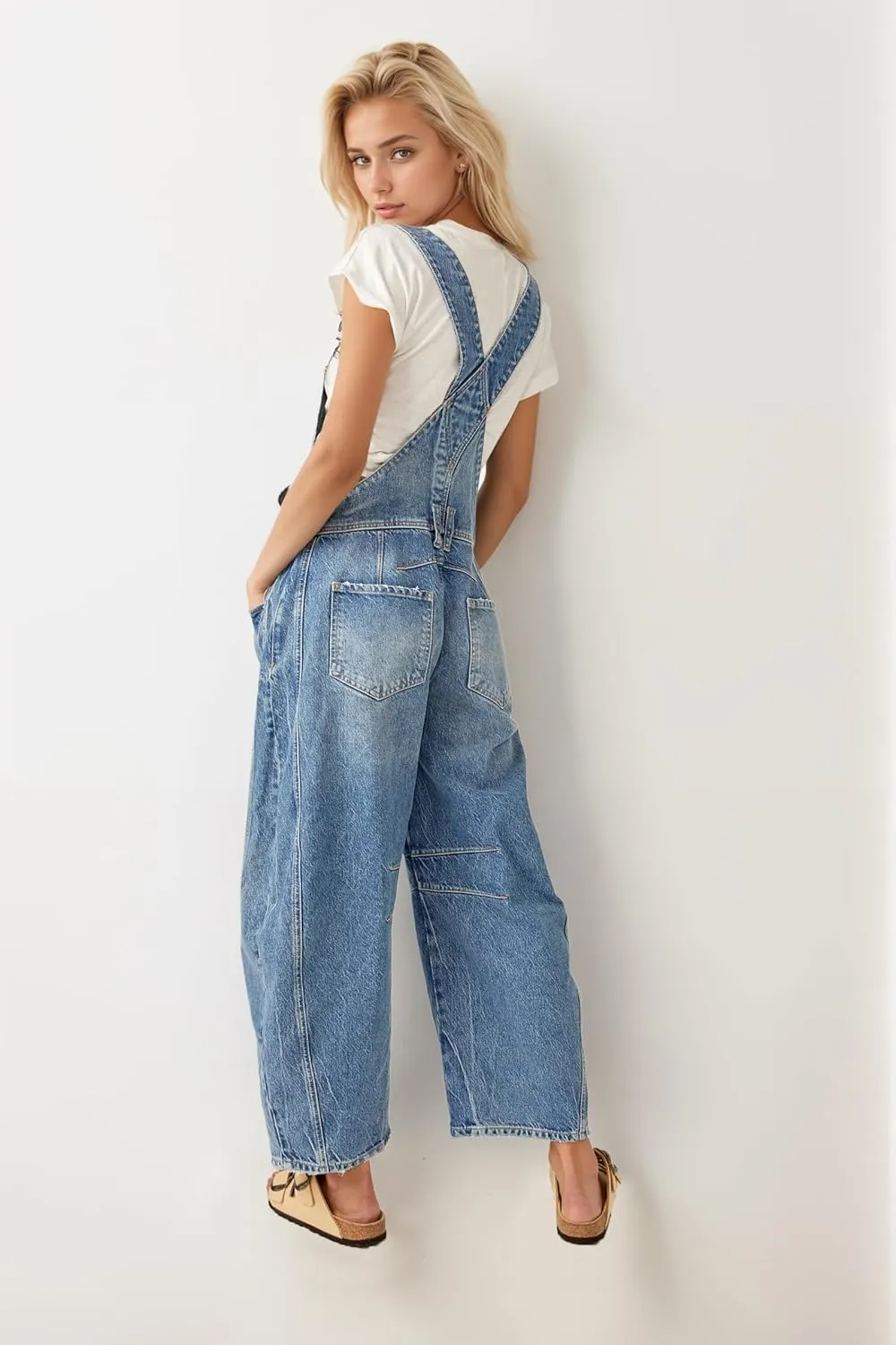 Kedera Women's Denim Overall Casual Straight Wide Leg Bib Jeans Overall Adjustable Straps Denim Romper Stretch Jumpsuits