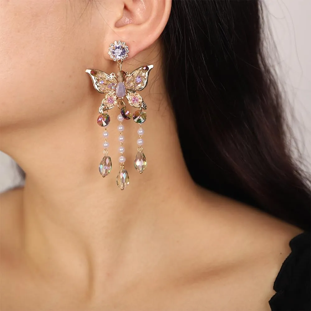 Kercisbeauty Rhinestones Pink Butterfly Earrings with Crystal Fringe Tassels Earrings Jewelry for Women