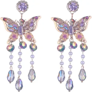 Kercisbeauty Rhinestones Pink Butterfly Earrings with Crystal Fringe Tassels Earrings Jewelry for Women
