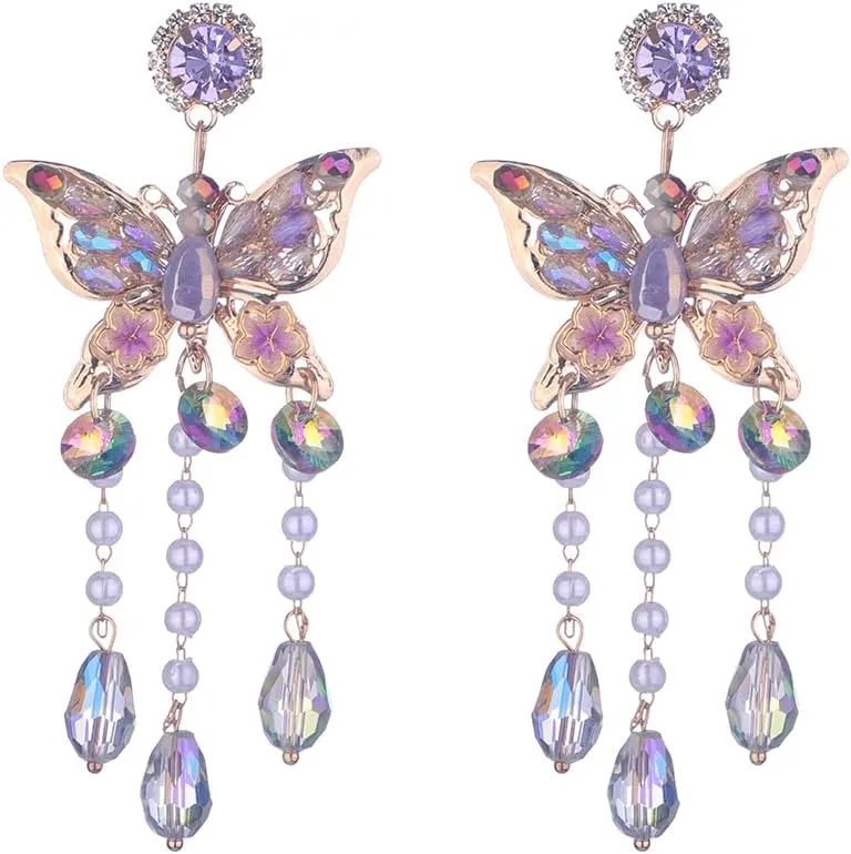 Kercisbeauty Rhinestones Pink Butterfly Earrings with Crystal Fringe Tassels Earrings Jewelry for Women