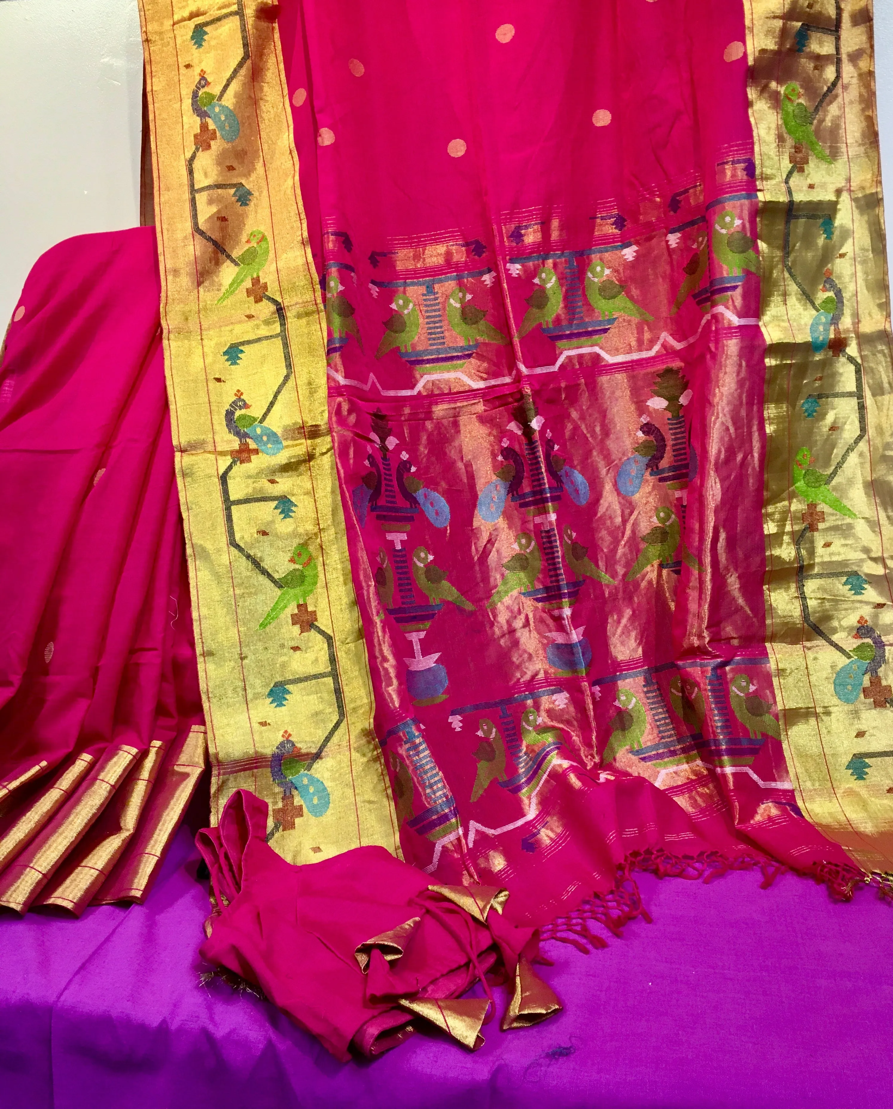 KSS202 - Pure Handloom Mercerized Cotton Saree in pink w/ Paithani Woven Borders and Pallu. Handloom Mark Certified.