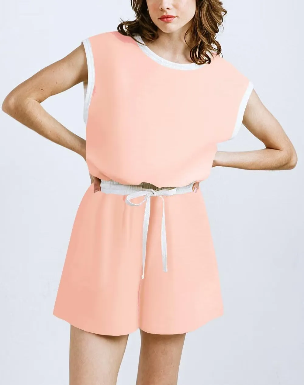 LEEDYA Romper for Women Summer Short Sleeve One Piece Short Jumpsuits Casual Crewneck Adjustable Drawstring Waistband Onesie