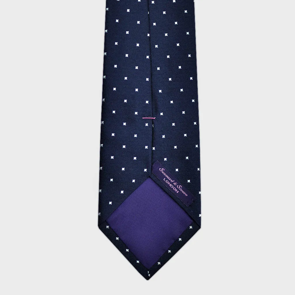 Little Squares on Textured Weave Bottle Neck Silk Tie in Navy