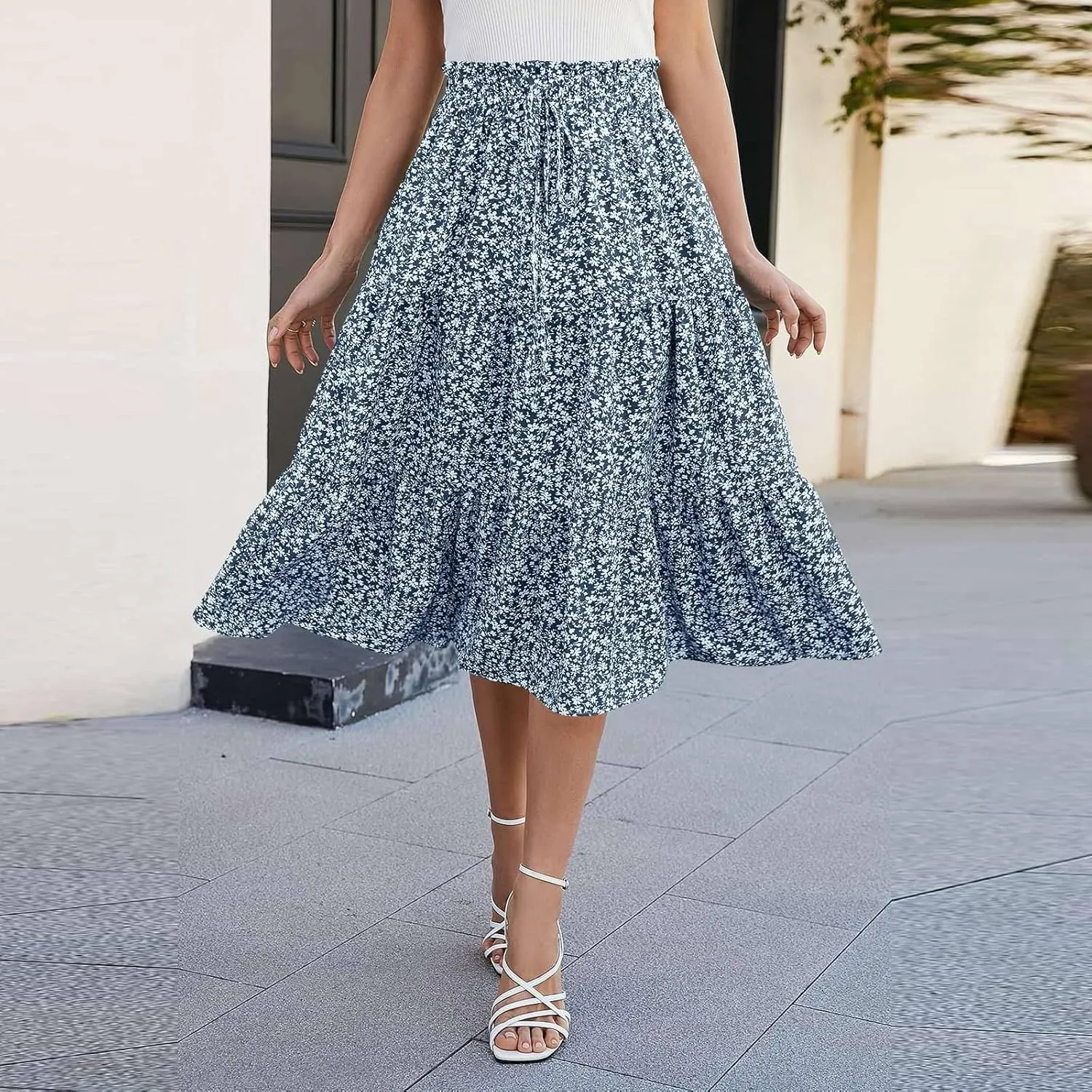 Maxi Skirts for Women Summer Floral Pleated Tiered Boho Flowy Elastic Waist A-Line Spring Beach Vacation Long Skirt
