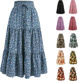 Maxi Skirts for Women Summer Floral Pleated Tiered Boho Flowy Elastic Waist A-Line Spring Beach Vacation Long Skirt