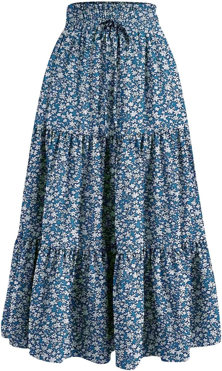Maxi Skirts for Women Summer Floral Pleated Tiered Boho Flowy Elastic Waist A-Line Spring Beach Vacation Long Skirt
