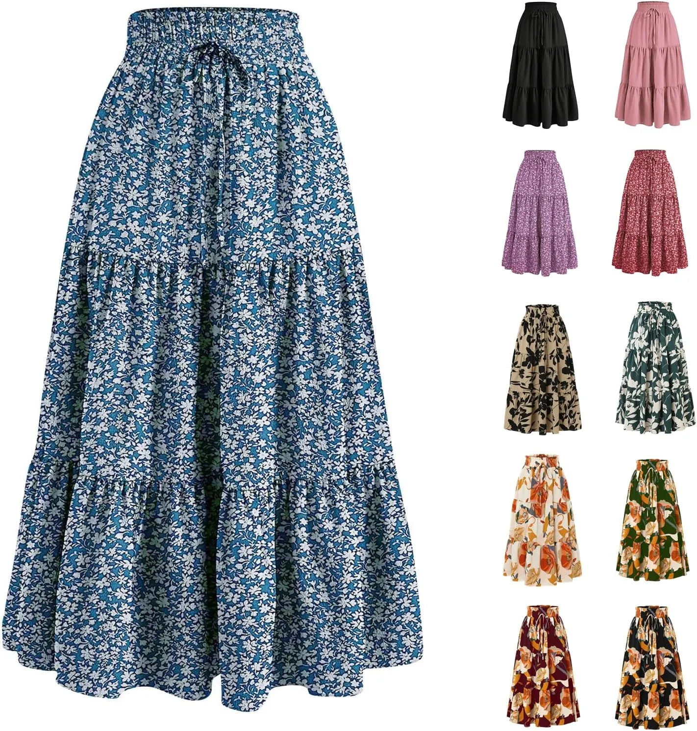 Maxi Skirts for Women Summer Floral Pleated Tiered Boho Flowy Elastic Waist A-Line Spring Beach Vacation Long Skirt